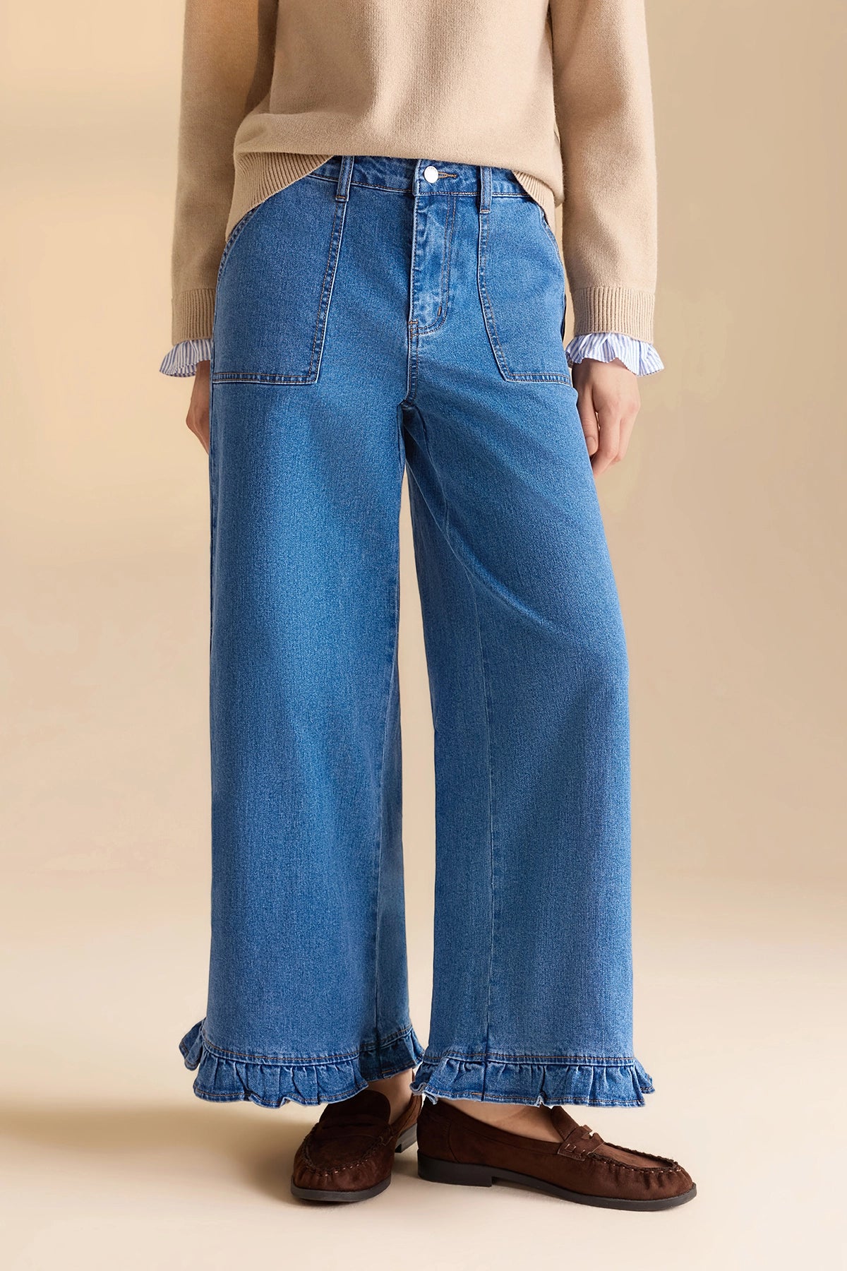 Womens Blue Ruffle Baggy Jeans | CicyBell