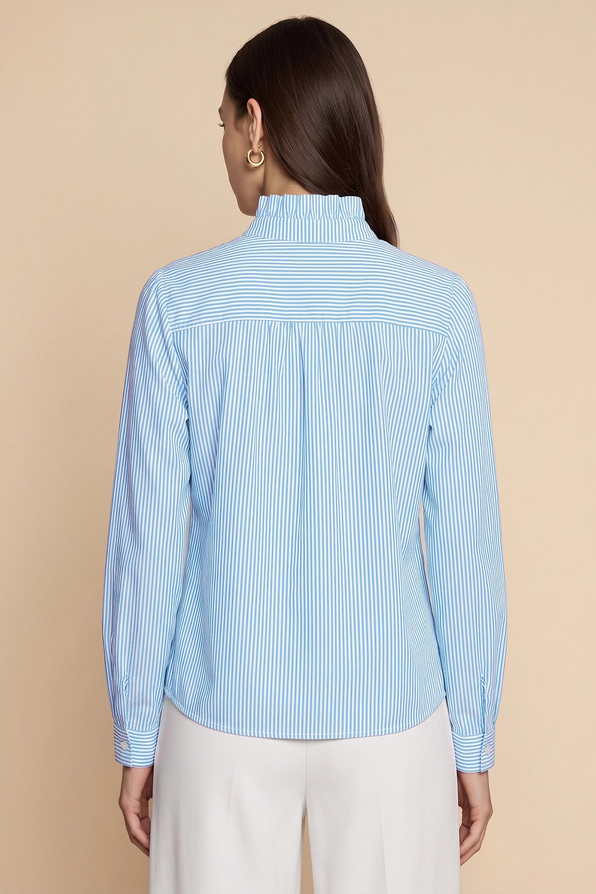 Womens Blue Ruffle Striped Button Down Shirts | CicyBell