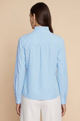 Womens Blue Ruffle Striped Button Down Shirts | CicyBell
