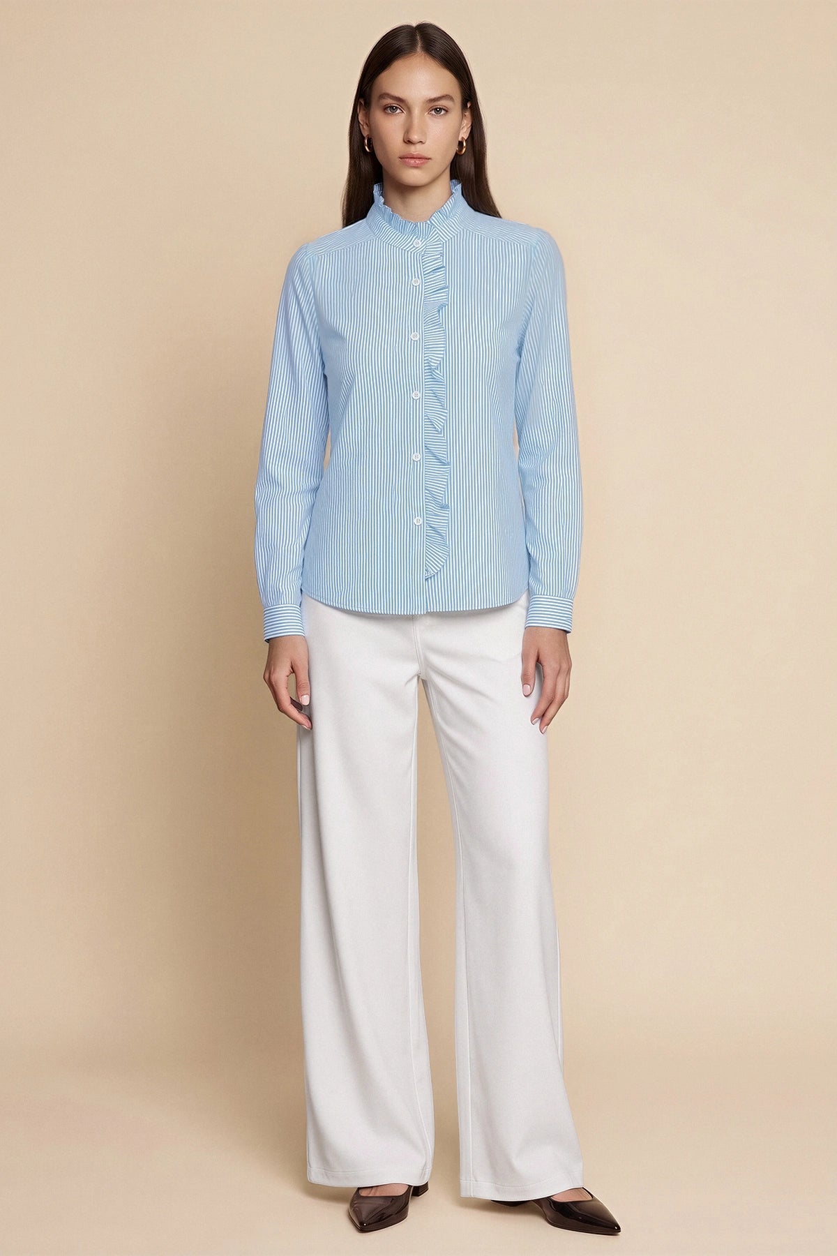 Womens Blue Ruffle Striped Button Down Shirts | CicyBell