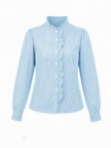 Womens Blue Ruffle Striped Button Down Shirts | CicyBell