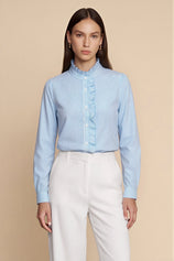 Womens Blue Ruffle Striped Button Down Shirts | CicyBell