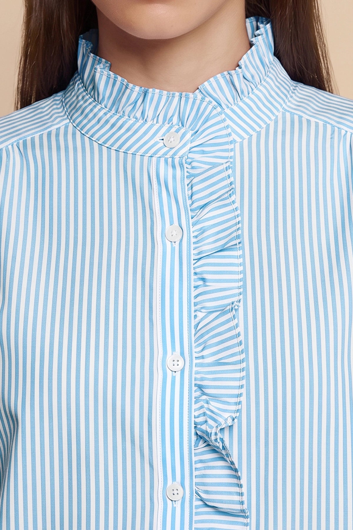 Womens Blue Ruffle Striped Button Down Shirts | CicyBell