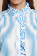 Womens Blue Ruffle Striped Button Down Shirts | CicyBell