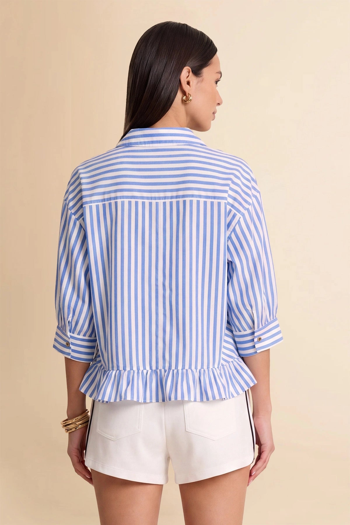 Cicy Bell Womens Blue Ruffle Striped Shirts