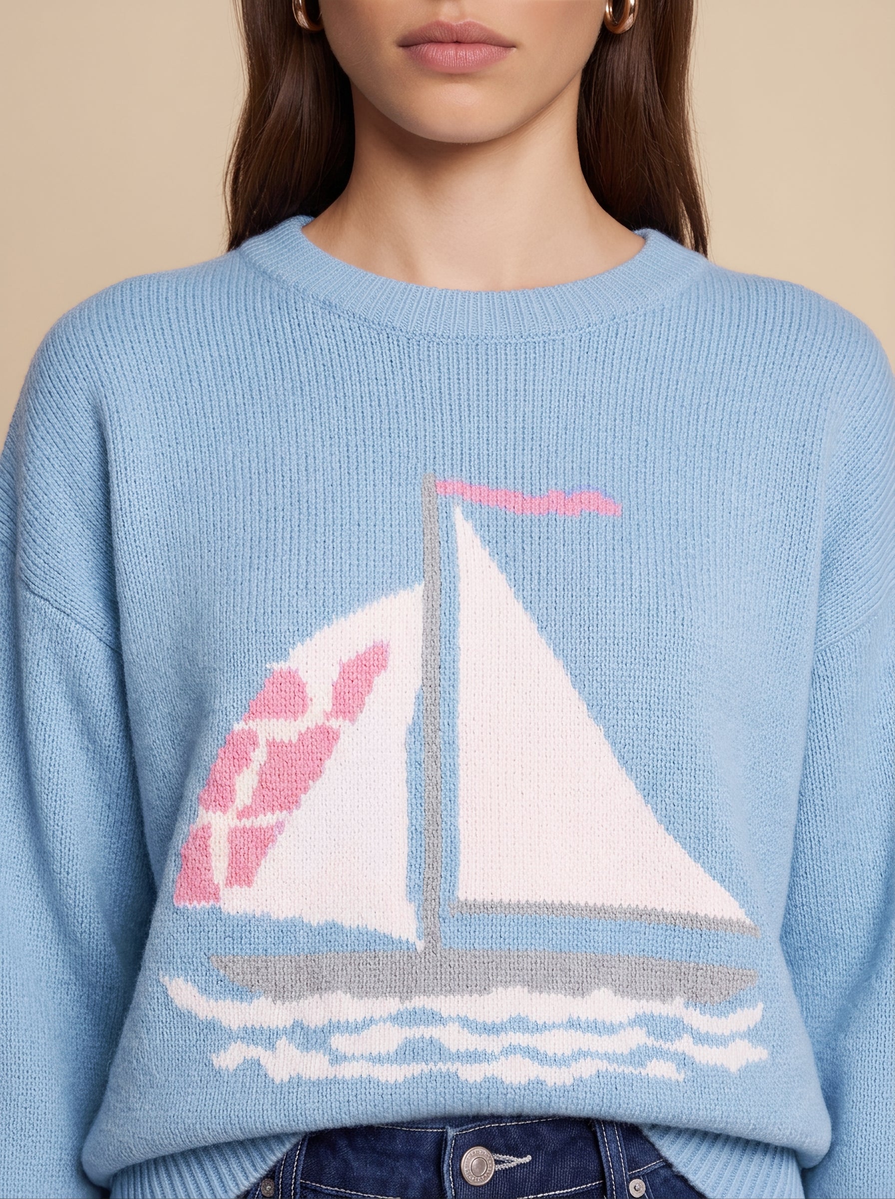 Womens Blue Boat Graphic Knit Sweaters | CicyBell