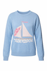 Womens Blue Boat Graphic Knit Sweaters | CicyBell