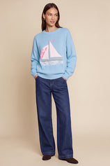 Womens Blue Boat Graphic Knit Sweaters | CicyBell