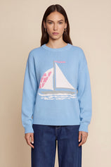 Womens Blue Boat Graphic Knit Sweaters | CicyBell