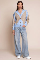 Women Blue Plaid Color Block Cardigan | CicyBell