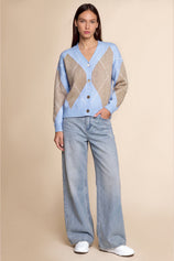 Women Blue Plaid Color Block Cardigan | CicyBell