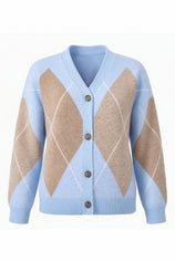 Women Blue Plaid Color Block Cardigan | CicyBell