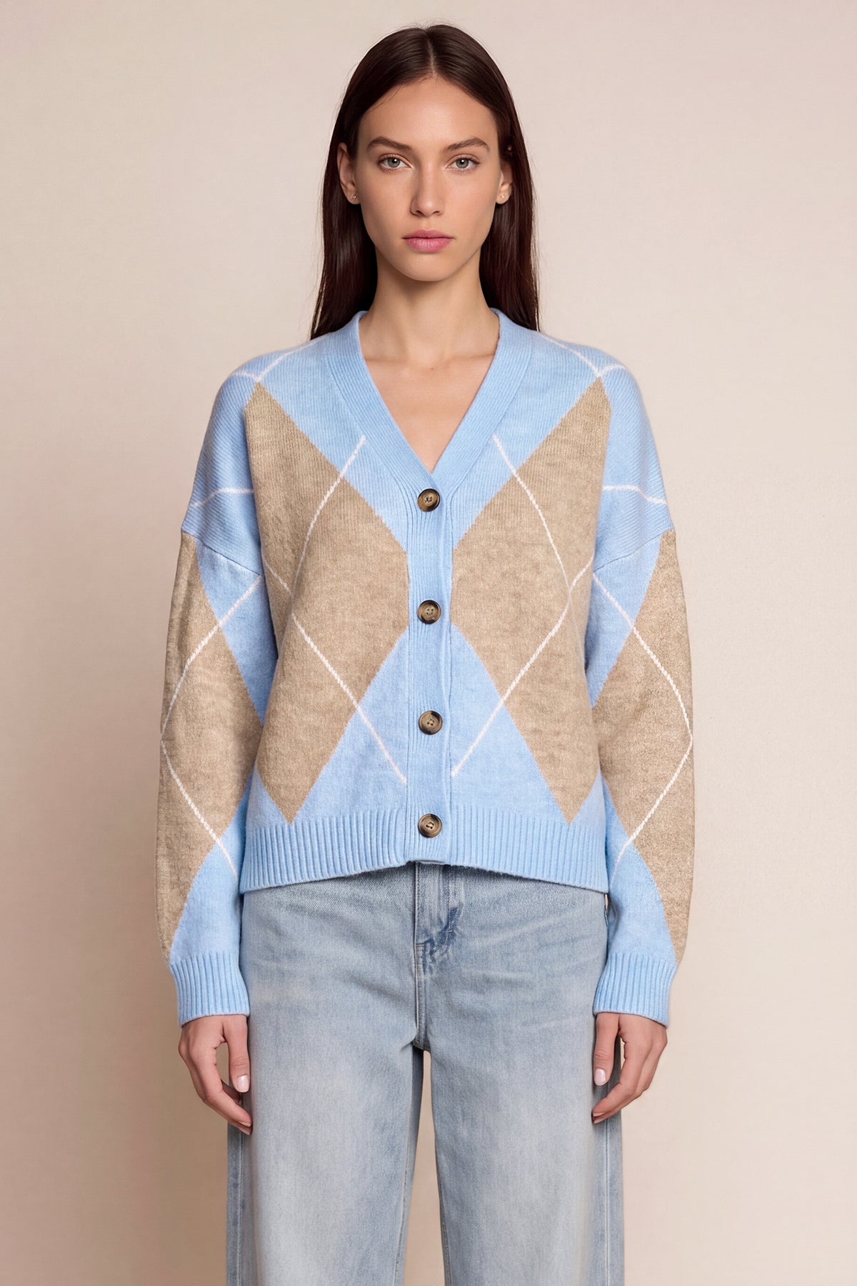 Women Blue Plaid Color Block Cardigan | CicyBell
