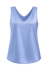 Womens Blue V Neck Satin Tank Tops  | CicyBell