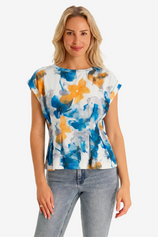 Womens Blue-yellow Crew Neck Pleated Tops | CicyBell