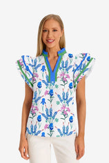 Womens Blue Print Ruffle Cap Sleeve Tops | CicyBell