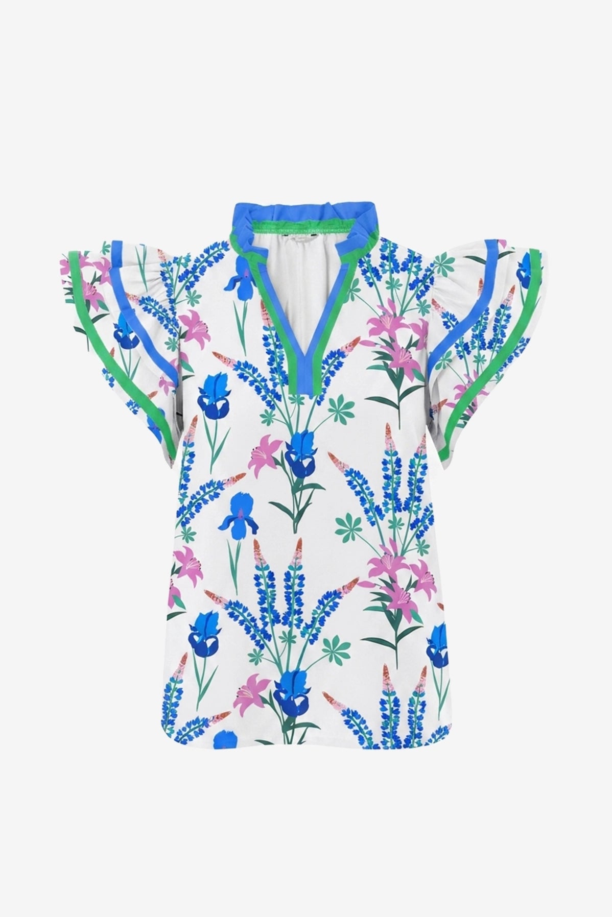 Womens Blue Print Ruffle Cap Sleeve Tops | CicyBell