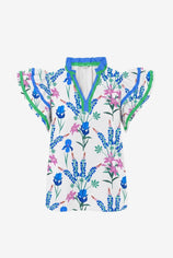 Womens Blue Print Ruffle Cap Sleeve Tops | CicyBell