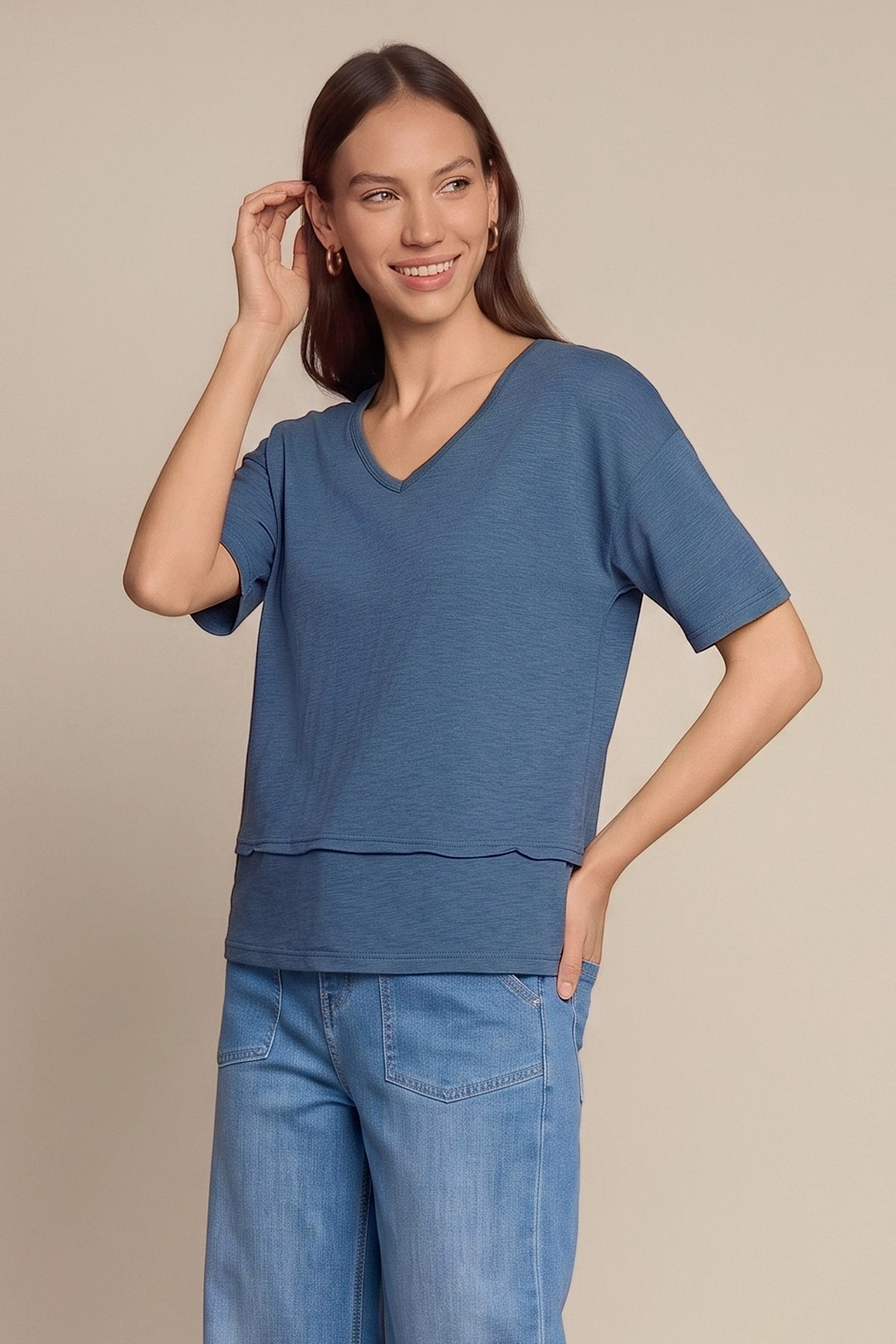 Womens Bluish Gray Summer V Neck T Shirts | CicyBell