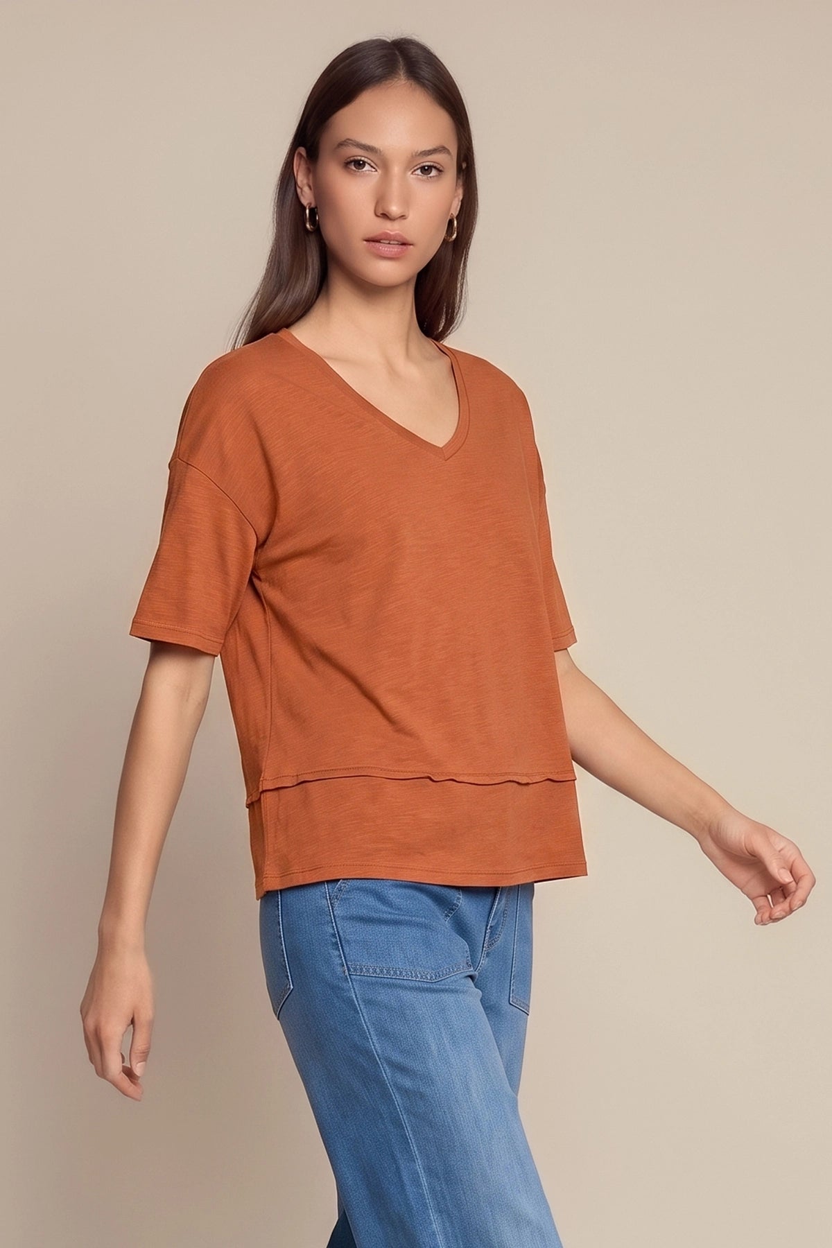 Womens Brick Red Summer V Neck T Shirts | CicyBell