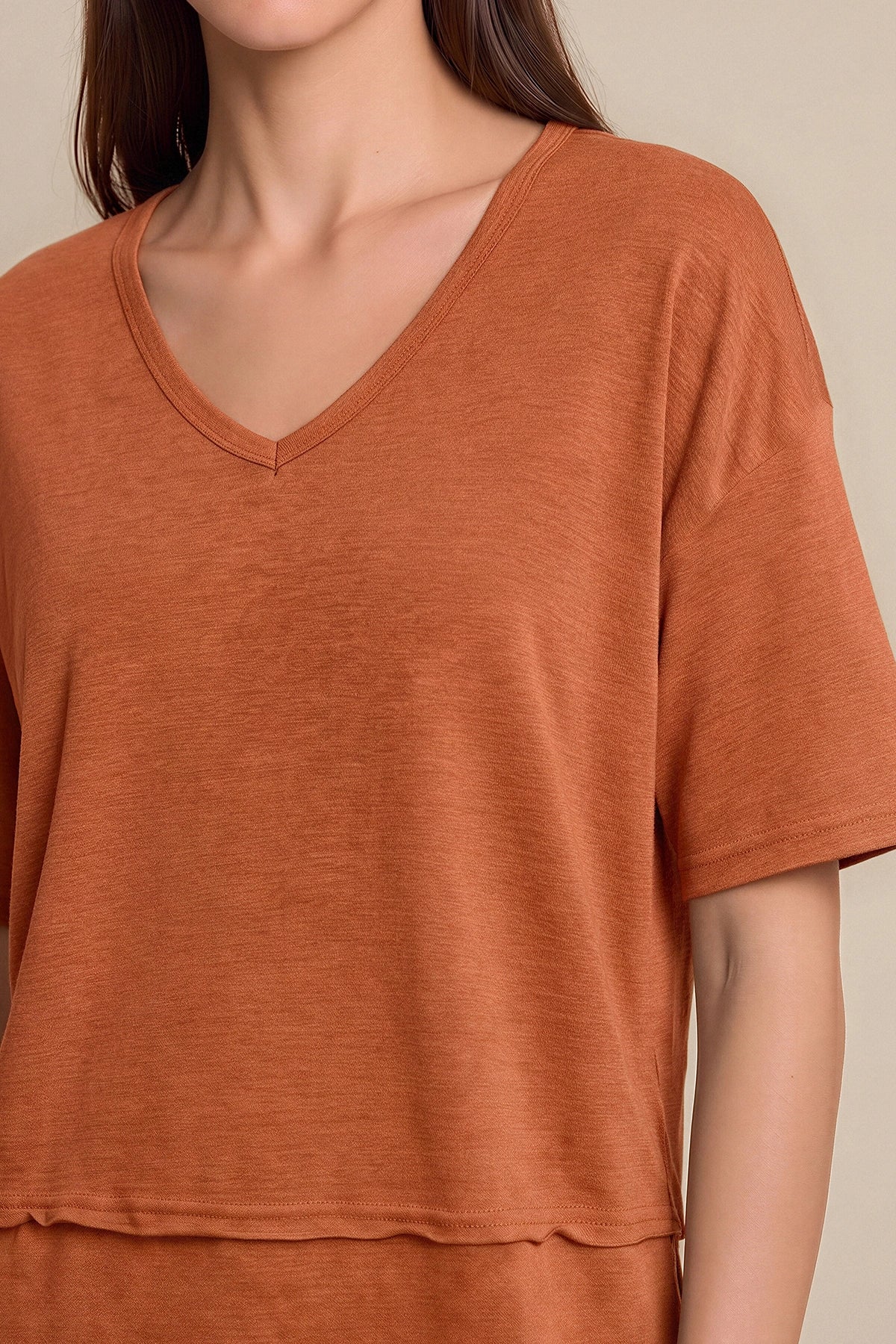 Womens Brick Red Summer V Neck T Shirts | CicyBell