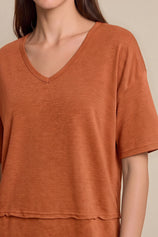 Womens Brick Red Summer V Neck T Shirts | CicyBell
