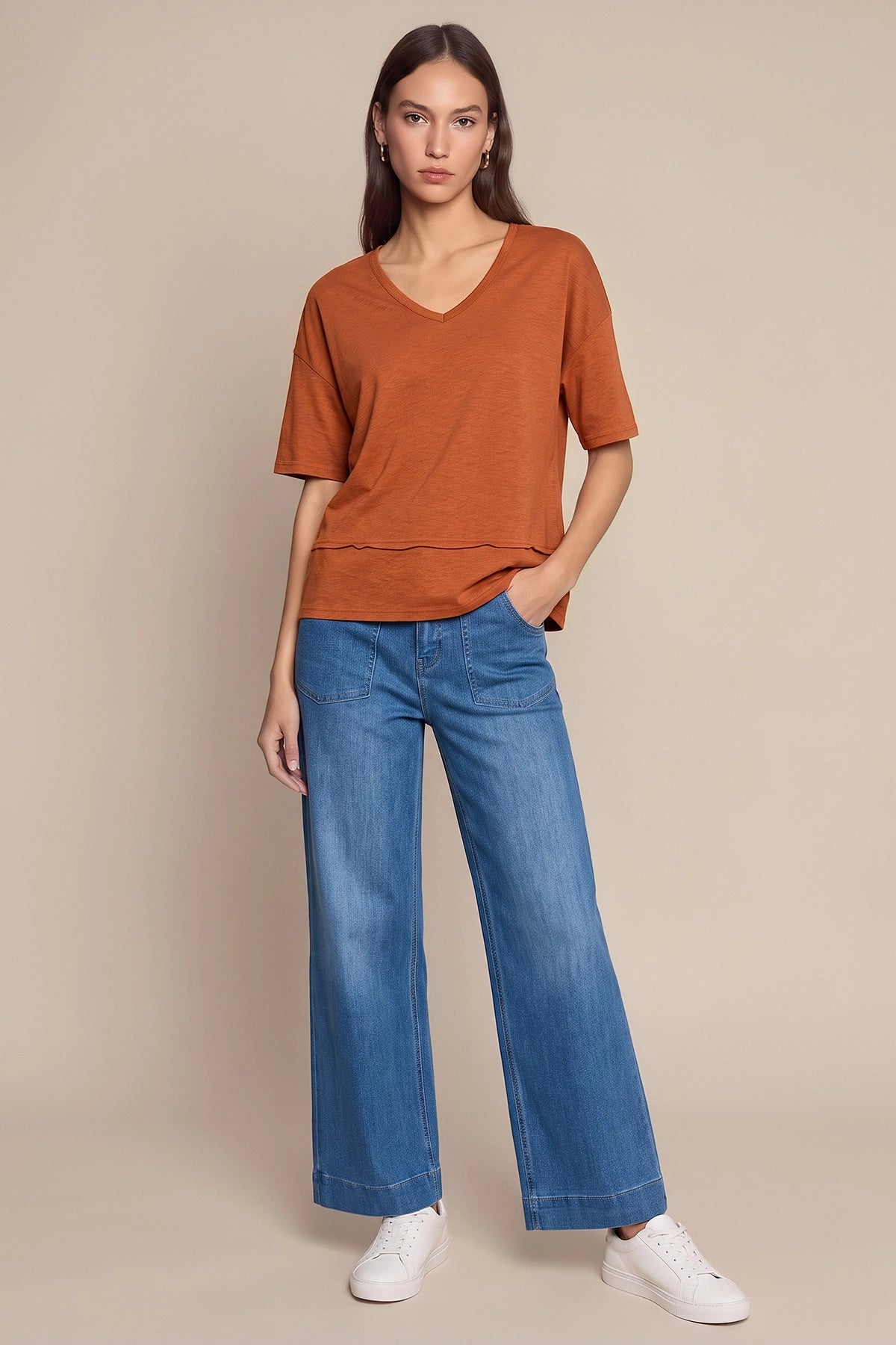 Womens Brick Red Summer V Neck T Shirts | CicyBell