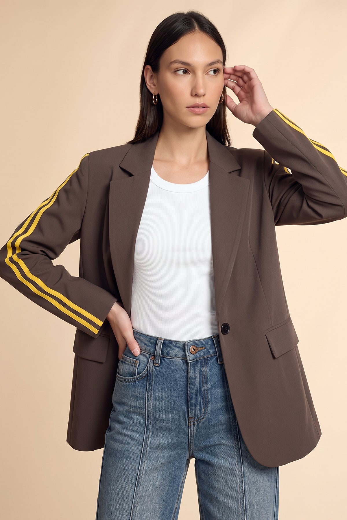 Womens Brown Color Block Blazer| CicyBell