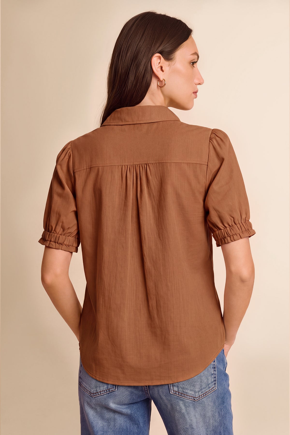 Womens Brown Puff Short Sleeve Shirts | CicyBell
