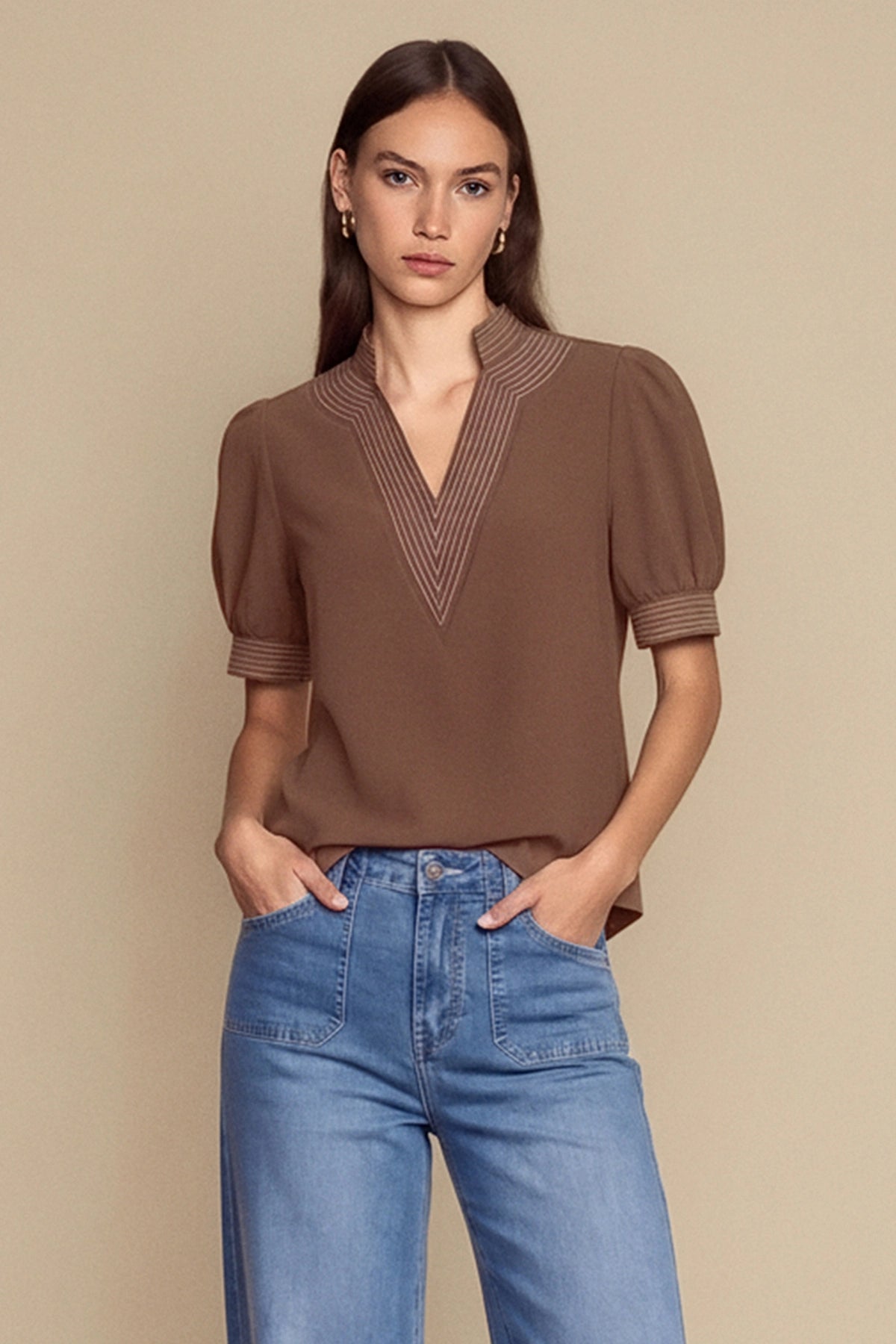 Womens Brown Puff Short Sleeve Blouses | CicyBell