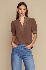 Womens Brown Puff Short Sleeve Blouses | CicyBell