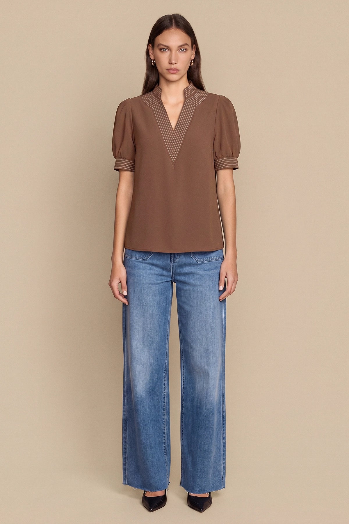 Womens Brown Puff Short Sleeve Blouses | CicyBell