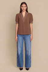 Womens Brown Puff Short Sleeve Blouses | CicyBell
