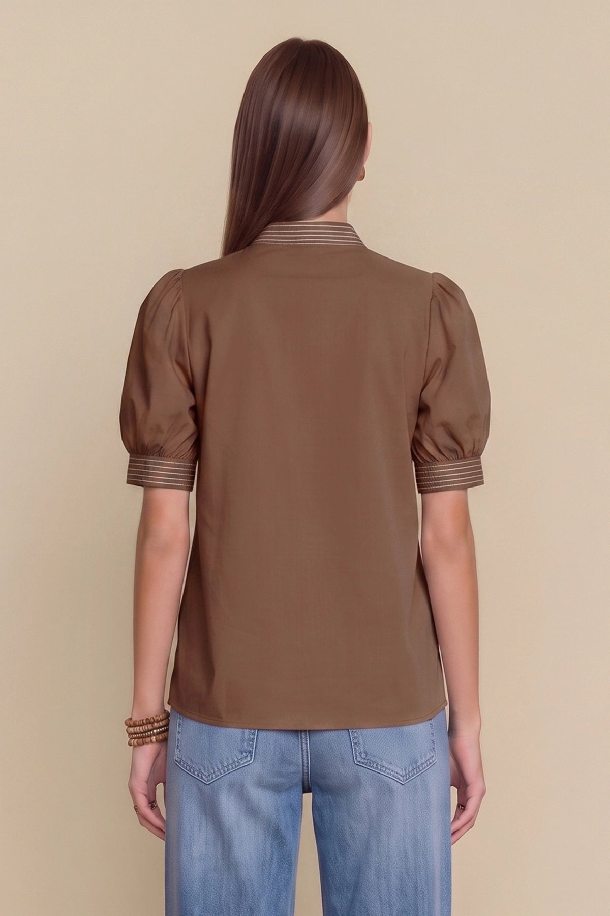 Womens Brown Puff Short Sleeve Blouses | CicyBell