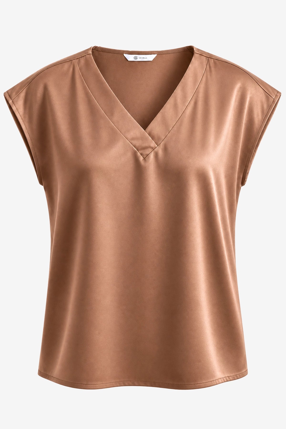 Womens Brown Satin Cap Short Sleeve Blouses | CicyBell