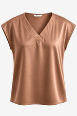 Womens Brown Satin Cap Short Sleeve Blouses | CicyBell