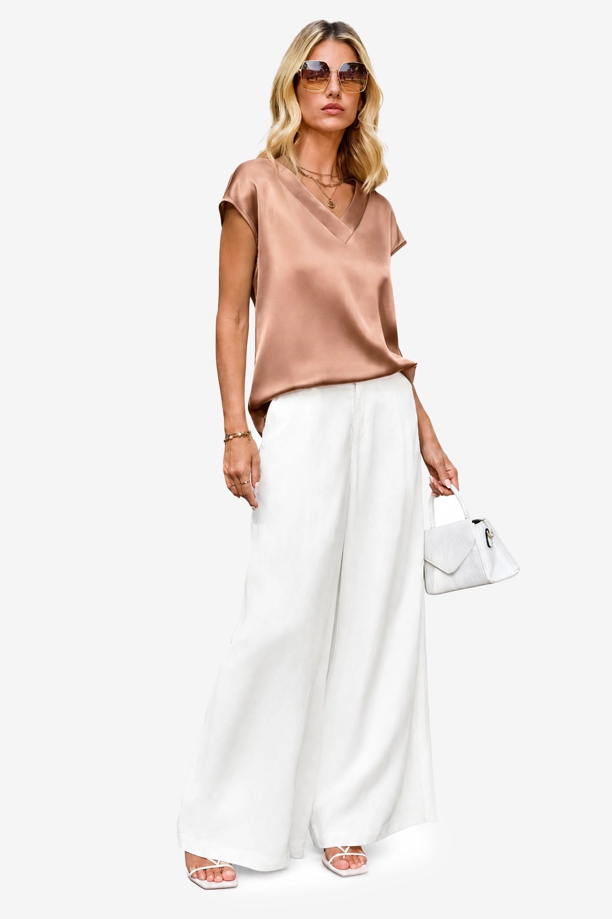 Womens Brown Satin Cap Short Sleeve Blouses | CicyBell