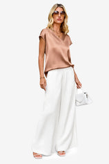 Womens Brown Satin Cap Short Sleeve Blouses | CicyBell