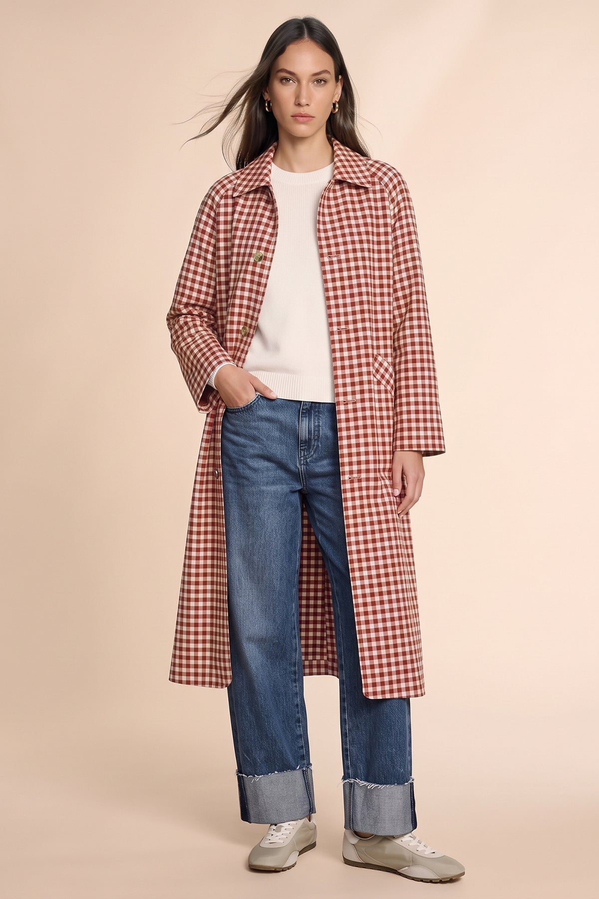 Womens Brown Plaid Trench Long Coat | CicyBell
