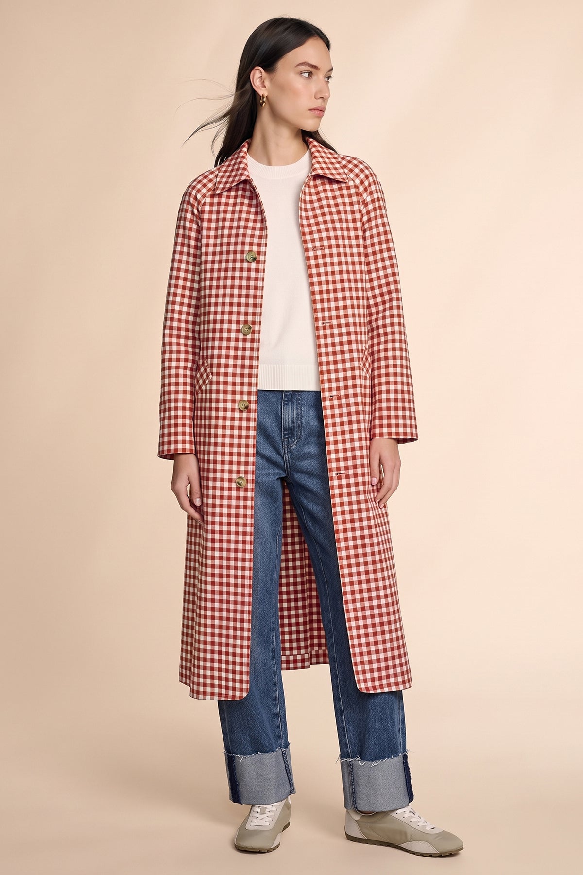 Womens Brown Plaid Trench Long Coat | CicyBell