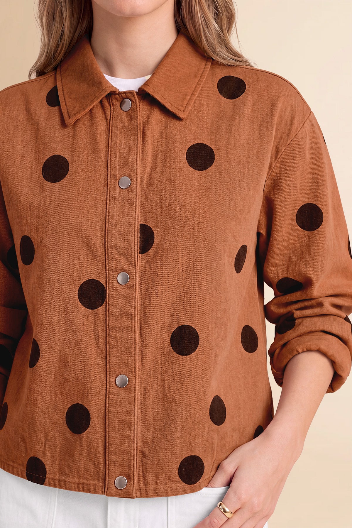 Womens Brown Polka Dot Denim Jacket | CicyBell