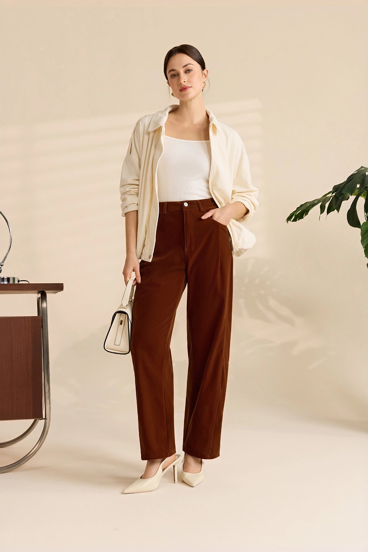 Womens Brown High Waisted Wide Leg Trousers | Cicy Bell