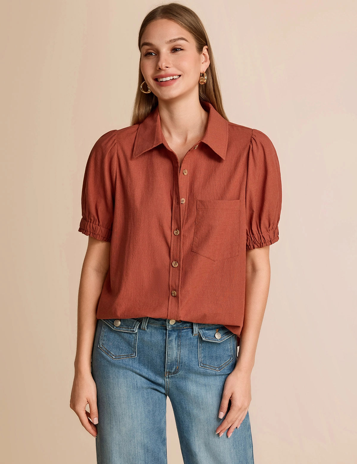 CicyBell-Women-Brown-PuffShortSleeveShirts-N5E231_1.webp