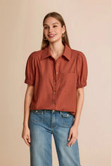 Womens Brown Puff Short Sleeve Shirts | CicyBell