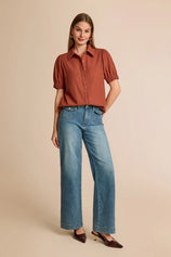 Womens Brown Puff Short Sleeve Shirts | CicyBell