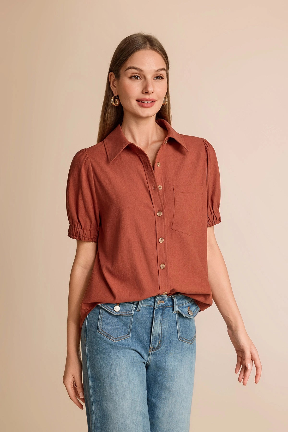 Womens Brown Puff Short Sleeve Shirts | CicyBell