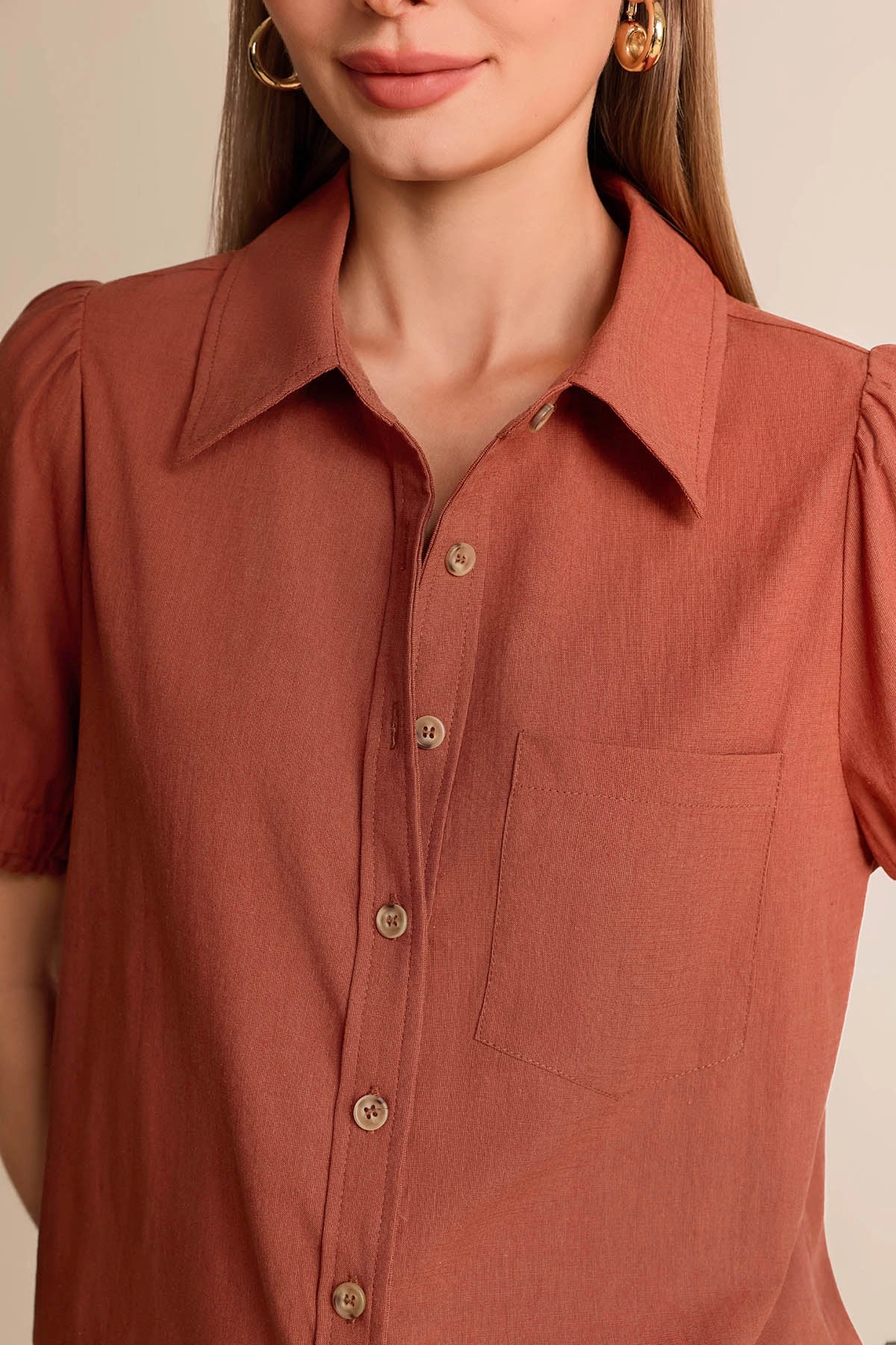 Womens Brown Puff Short Sleeve Shirts | CicyBell