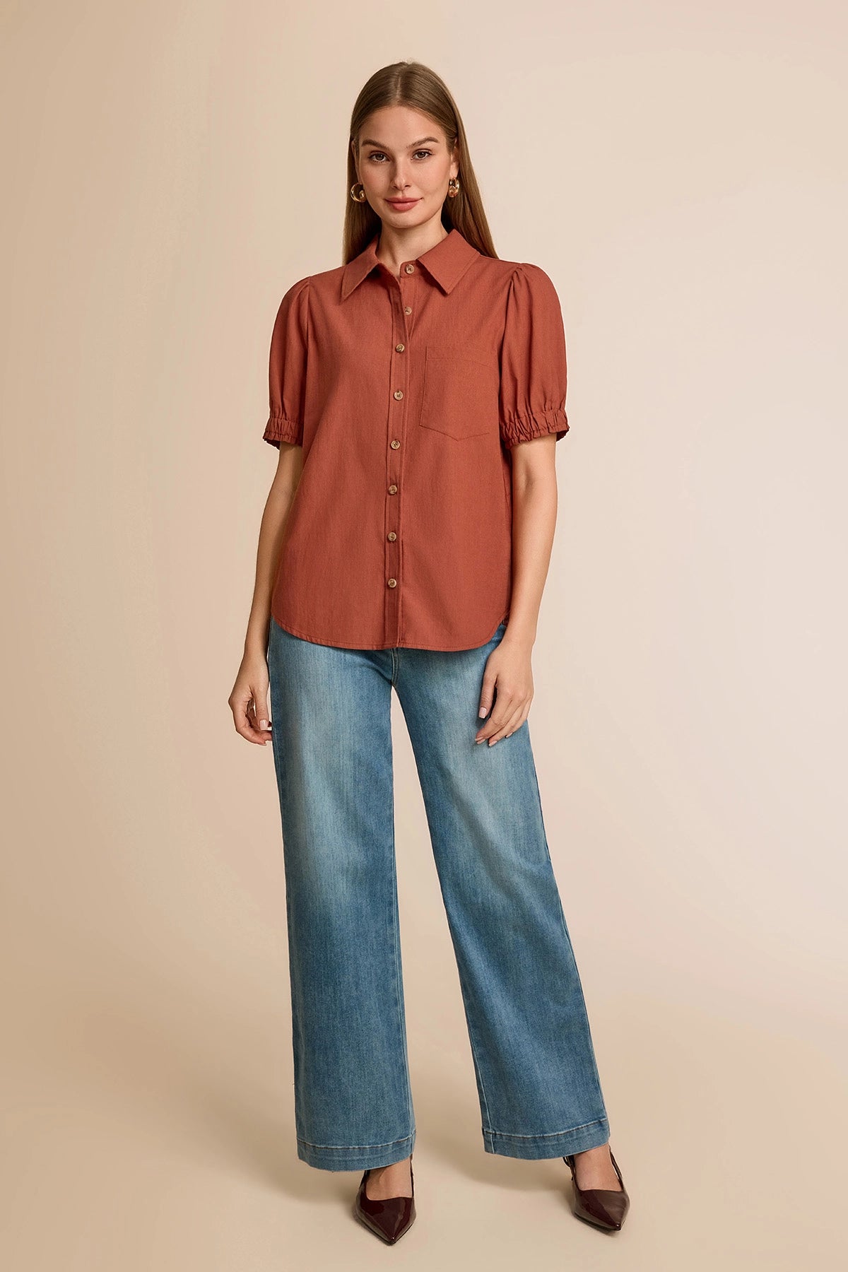 Womens Brown Puff Short Sleeve Shirts | CicyBell