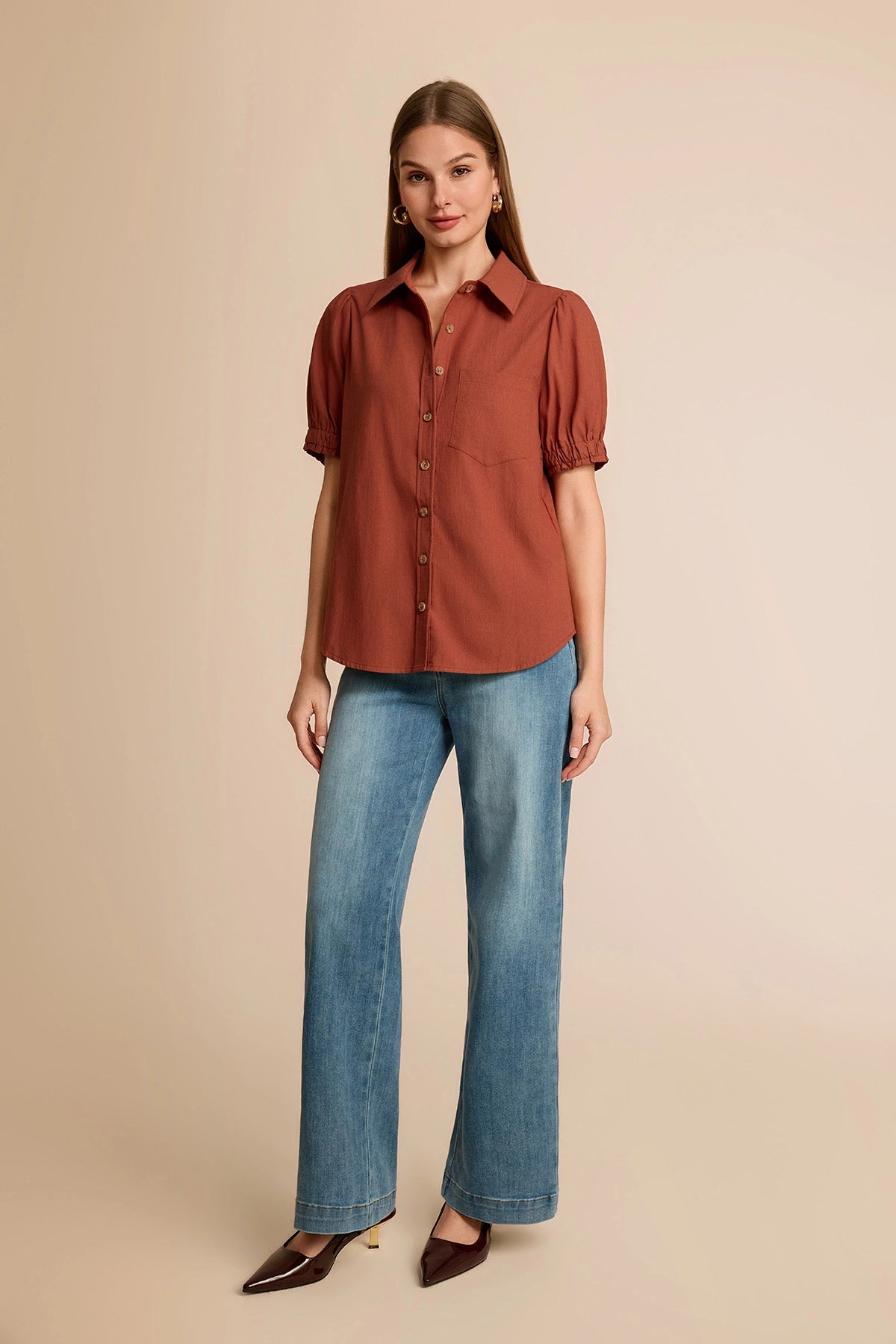 Womens Brown Puff Short Sleeve Shirts | CicyBell