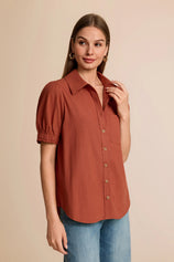 Womens Brown Puff Short Sleeve Shirts | CicyBell